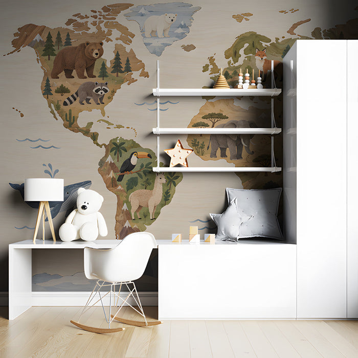 World wildlife map wallpaper in a home study room featuring natural wood furniture and indoor plants.
