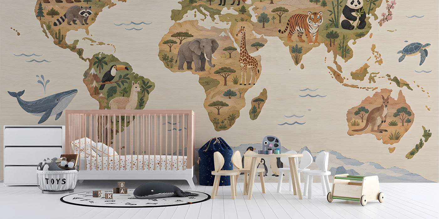 Whimsical world map mural installed in a bright nursery with light wooden crib and soft neutral decor.