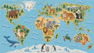 A world map wallpaper pattern in a mosaic tile style featuring diverse animals like elephants, lions, and polar bears.