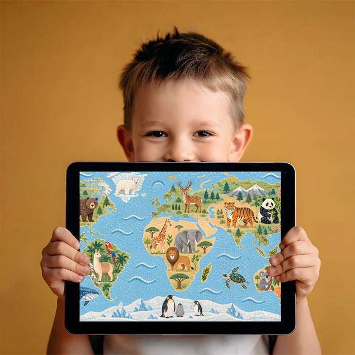 A colorful animal map wall mural featured in a primary school study room with educational bookshelves.