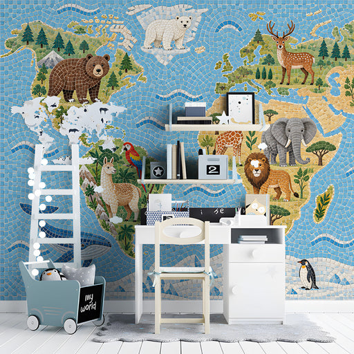 Global animal mosaic wallpaper design as a focal wall in a minimalist kids' study with soft floor mats.