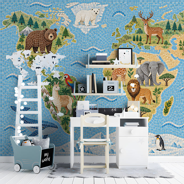 Global animal mosaic wallpaper design as a focal wall in a minimalist kids' study with soft floor mats.