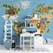 Global animal mosaic wallpaper design as a focal wall in a minimalist kids' study with soft floor mats.