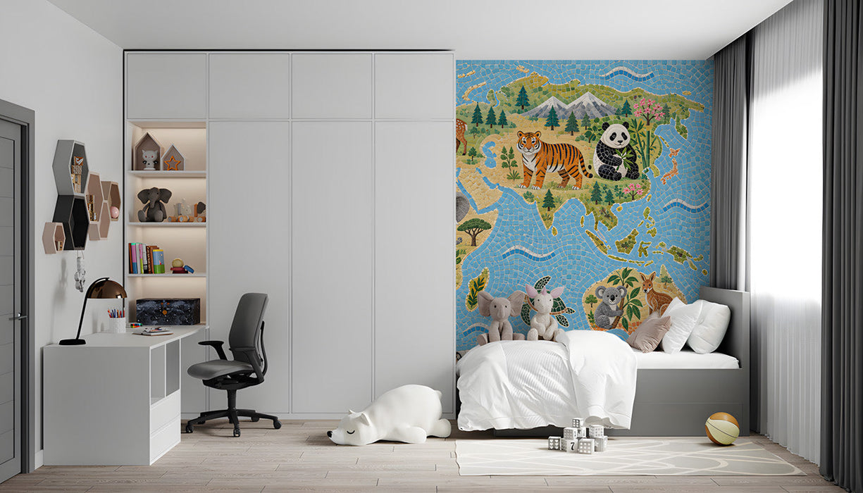 The world map mosaic wallpaper installed in a bright, modern study with wooden crib and play area.