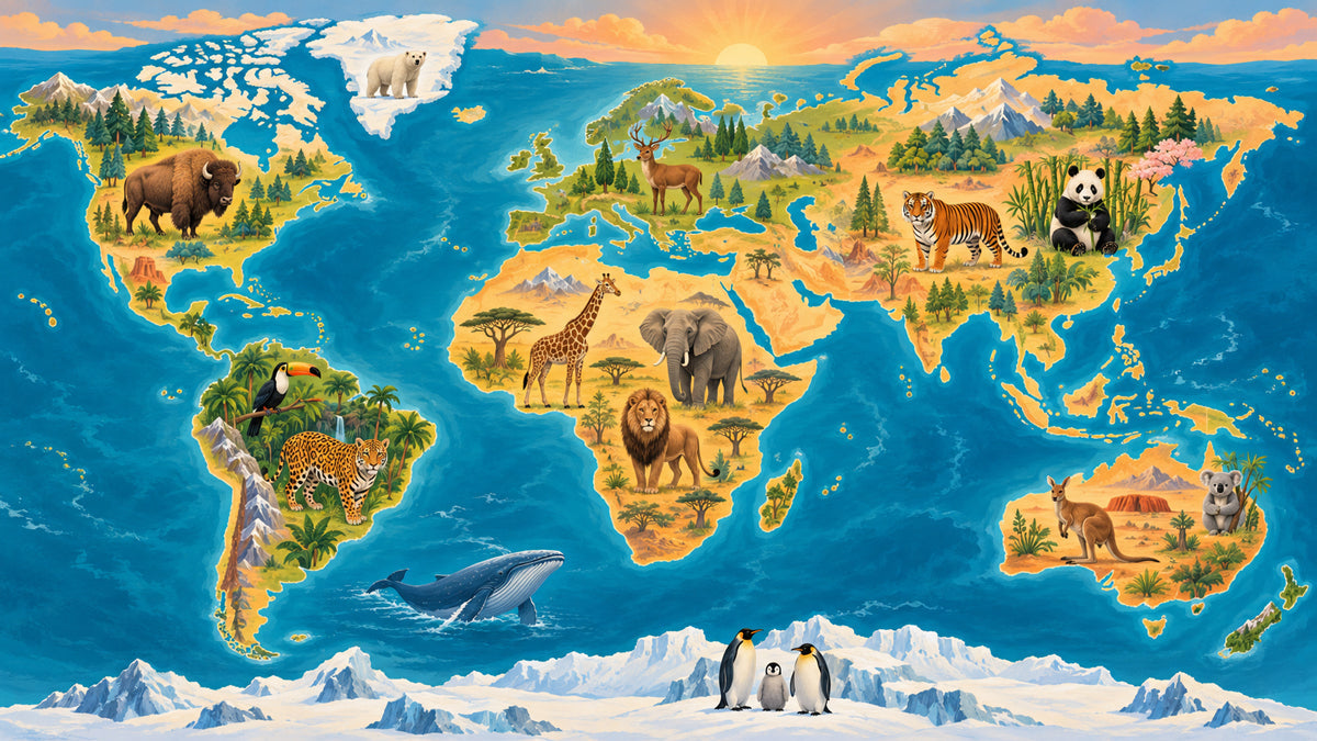 Vibrant world map mural with illustrated animals, oceans, and mountains on a sunrise background