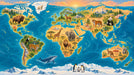 Vibrant world map mural with illustrated animals, oceans, and mountains on a sunrise background
