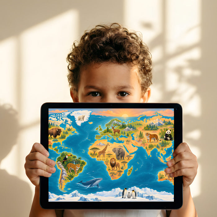 Kids playroom wall featuring a detailed wildlife map mural as a playful backdrop