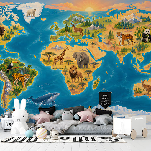Creative bedroom wall with a bright animal-themed world map to inspire learning and imagination
