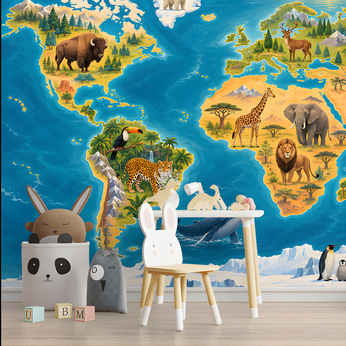 Educational animal map wallpaper installed in a colorful playroom with wooden furniture