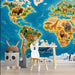 Educational animal map wallpaper installed in a colorful playroom with wooden furniture
