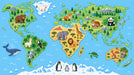 Pixel art style world map mural with various animals like pandas, elephants, and penguins across continents on a blue background