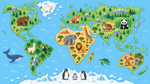 Pixel art style world map mural with various animals like pandas, elephants, and penguins across continents on a blue background