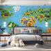 Pixelated globe mural in a brightly lit bedroom area with wooden toy storage
