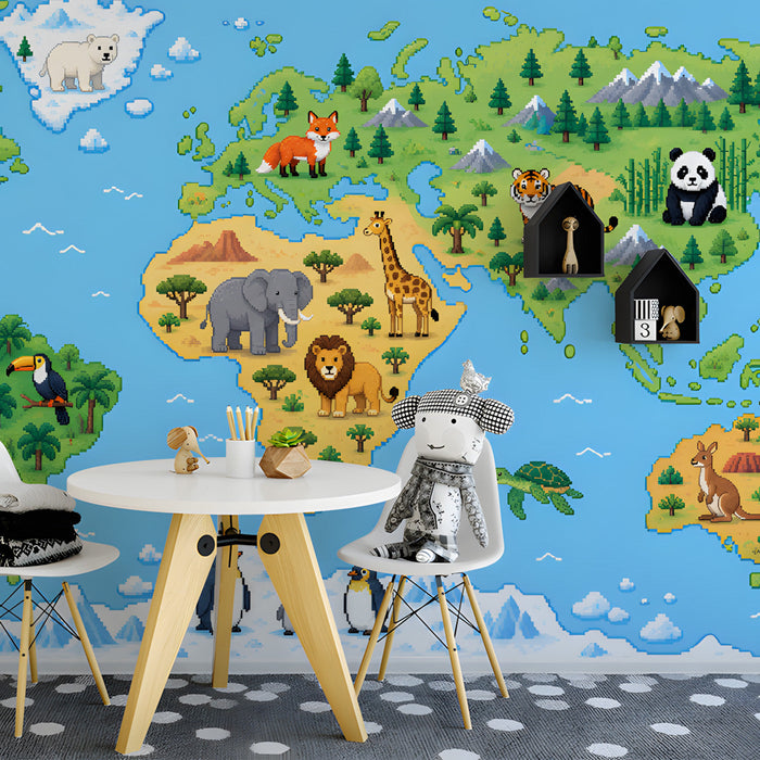World map mural installed in a colorful kid’s playroom with soft furniture