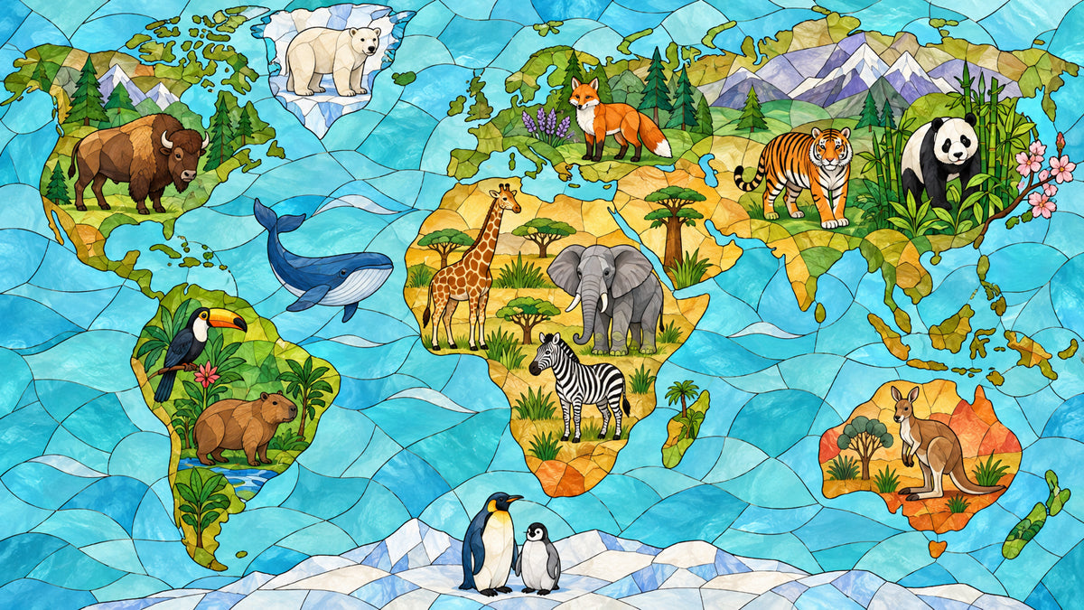 World map mural with stained glass effect featuring wildlife like penguins, elephants, and tigers