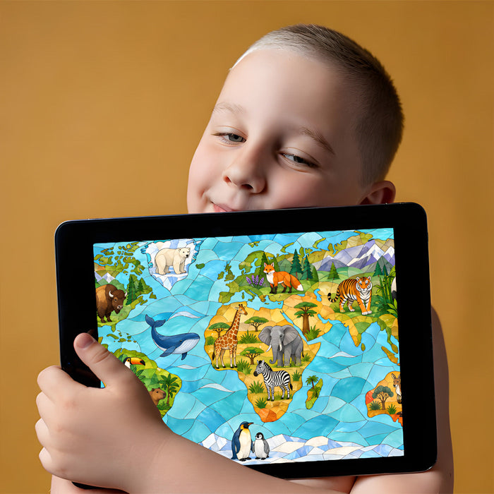 Educational world map animal mural displayed in a bright, colorful playroom