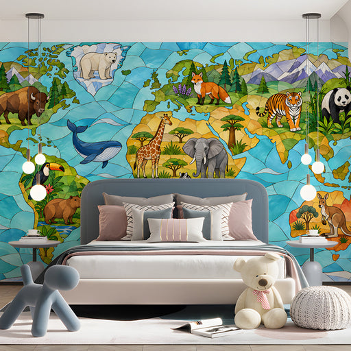 World animal map wallpaper used as a feature wall in a bed room