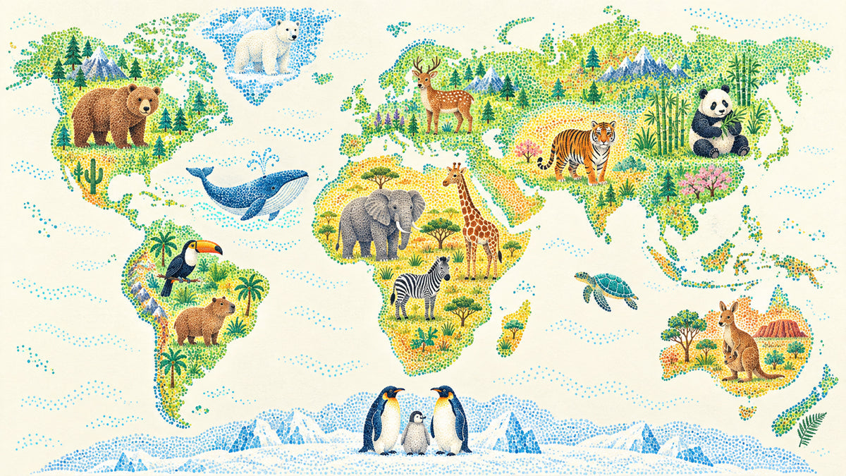 A pointillist style world map mural featuring colorful illustrations of animals like tigers, pandas, and whales on a cream background.
