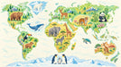 A pointillist style world map mural featuring colorful illustrations of animals like tigers, pandas, and whales on a cream background.