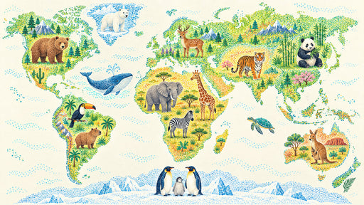 A pointillist style world map mural featuring colorful illustrations of animals like tigers, pandas, and whales on a cream background.