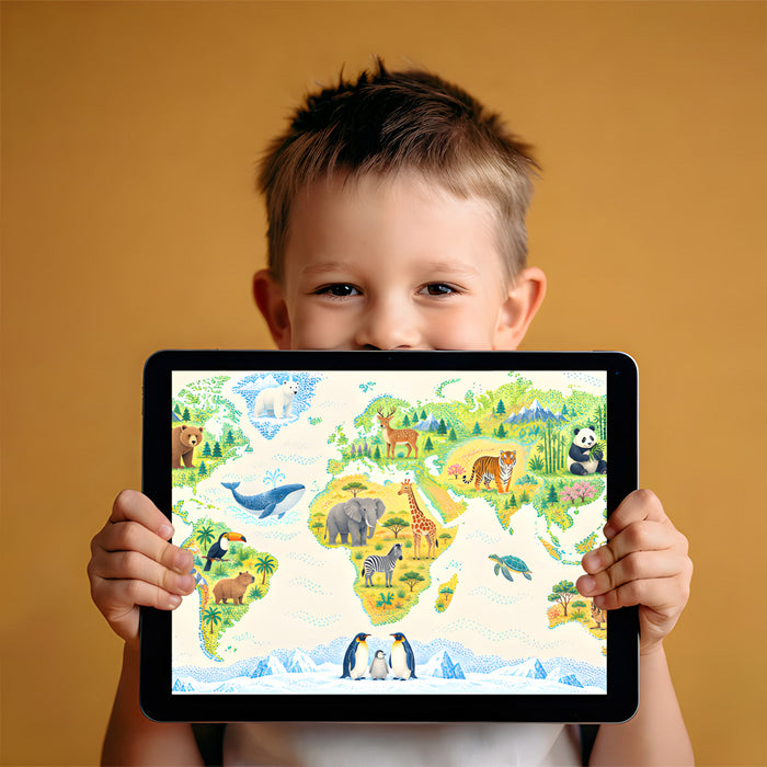 A bright, organized nursery or playroom wall decorated with an educational world map mural showing global wildlife species.