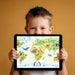 A bright, organized nursery or playroom wall decorated with an educational world map mural showing global wildlife species.