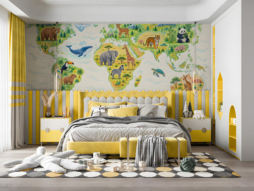 A playful child's bedroom wall featuring a world map mural with animals, styled with wooden furniture and neutral decor.