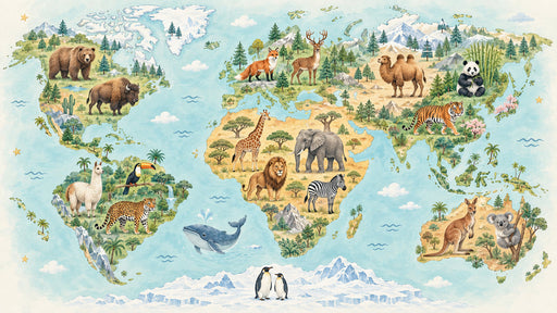A detailed watercolor world map mural showing animals in their natural habitats across different continents.