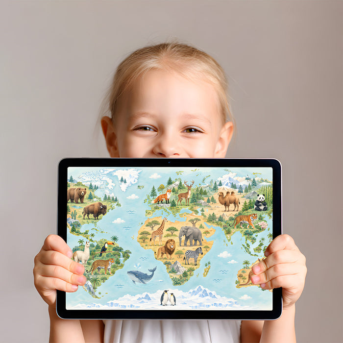 A colorful playroom space with the world map mural and floor cushions for children to learn and read.