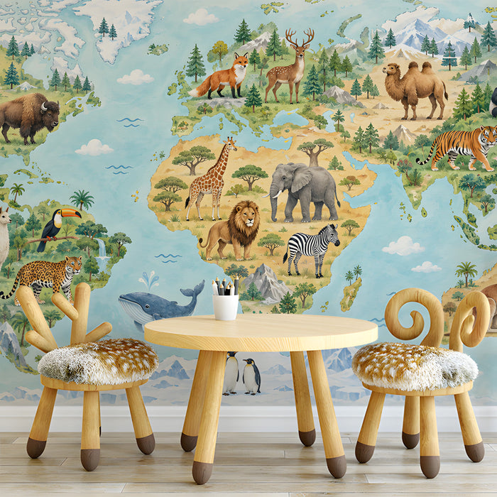 A cozy playroom corner featuring a world map wall mural as a backdrop to a wooden desk.