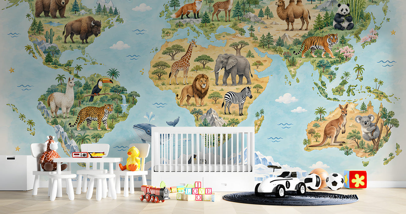 A bright, imaginative nursery featuring a world map wallpaper on the main accent wall with a wooden crib.