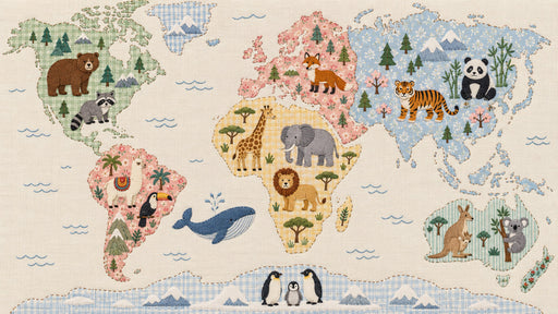 World map wallpaper pattern with embroidered animals and fabric textures on oatmeal linen background.