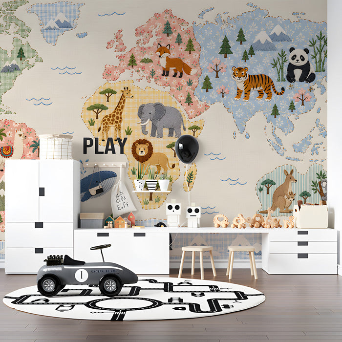 Playful fabric-look world map mural in a creative study with soft carpet flooring.