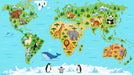 A world map wallpaper featuring colorful continents, snowy poles, and cute animal illustrations like giraffes, bears, and kangaroos.