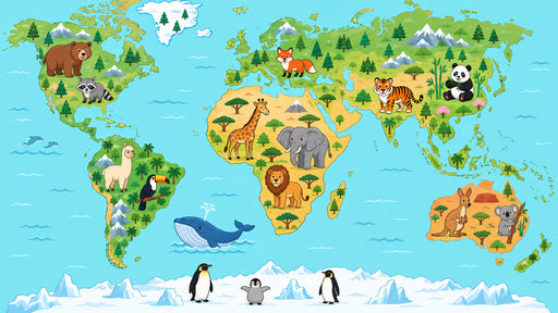 A world map wallpaper featuring colorful continents, snowy poles, and cute animal illustrations like giraffes, bears, and kangaroos.