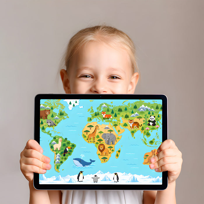 Educational world map mural on a large playroom wall with space for kids to learn about different countries and animals.