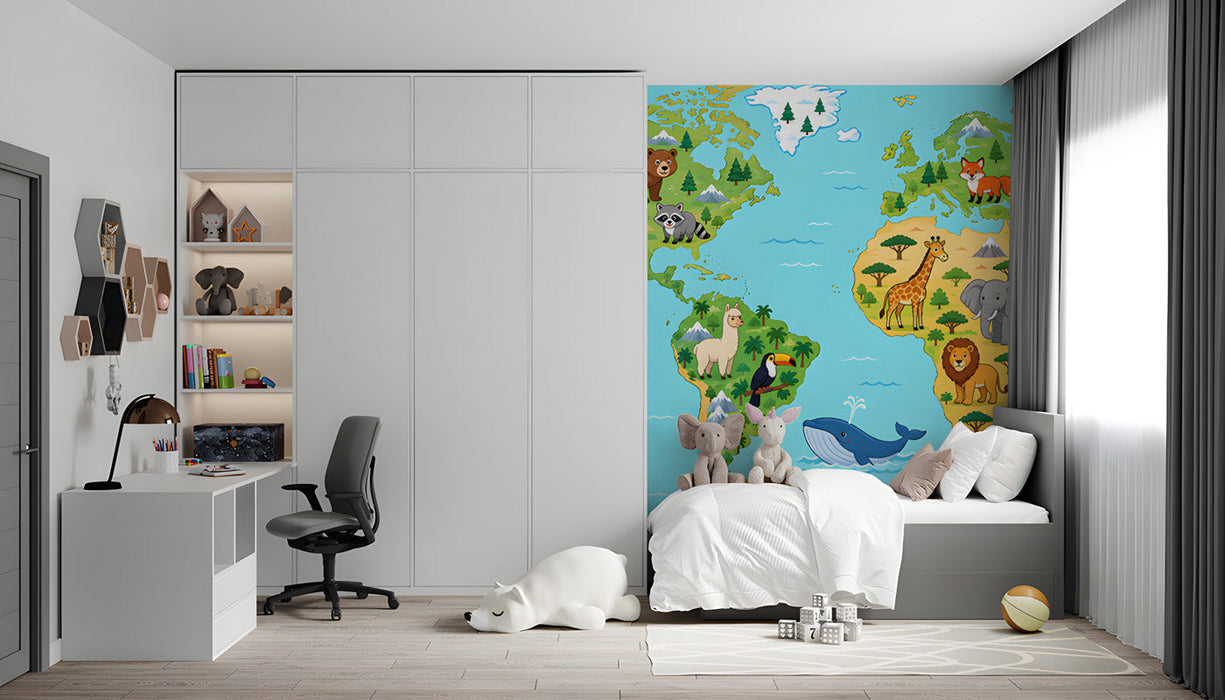 A colorful world map wallpaper installed in a child's bedroom with wooden toys and a cozy bed.