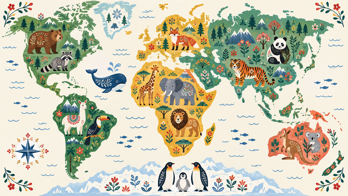 Illustrated world map wallpaper featuring colorful continents, diverse animal motifs, and decorative folk-art florals.