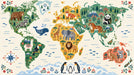 Illustrated world map wallpaper featuring colorful continents, diverse animal motifs, and decorative folk-art florals.
