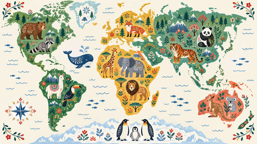 Illustrated world map wallpaper featuring colorful continents, diverse animal motifs, and decorative folk-art florals.