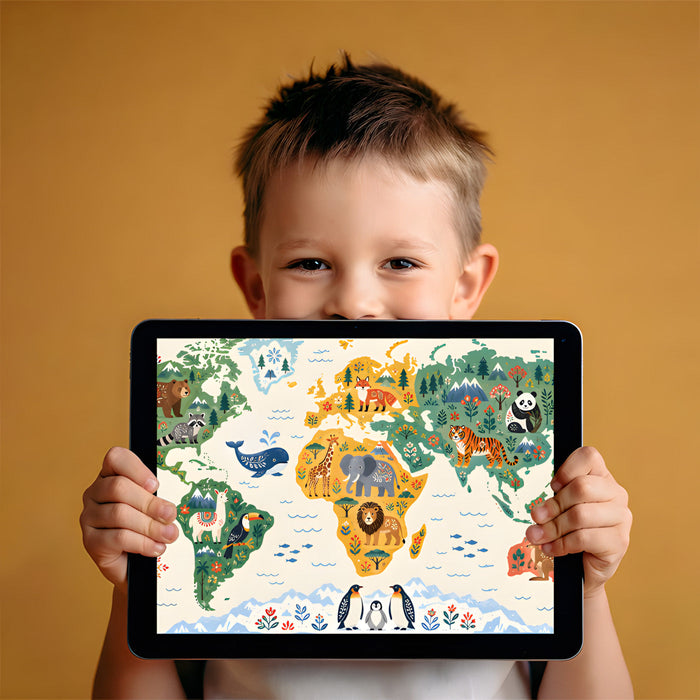 Educational animal-themed world map wallpaper in a colorful, bright nursery bedroom.