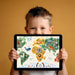 Educational animal-themed world map wallpaper in a colorful, bright nursery bedroom.