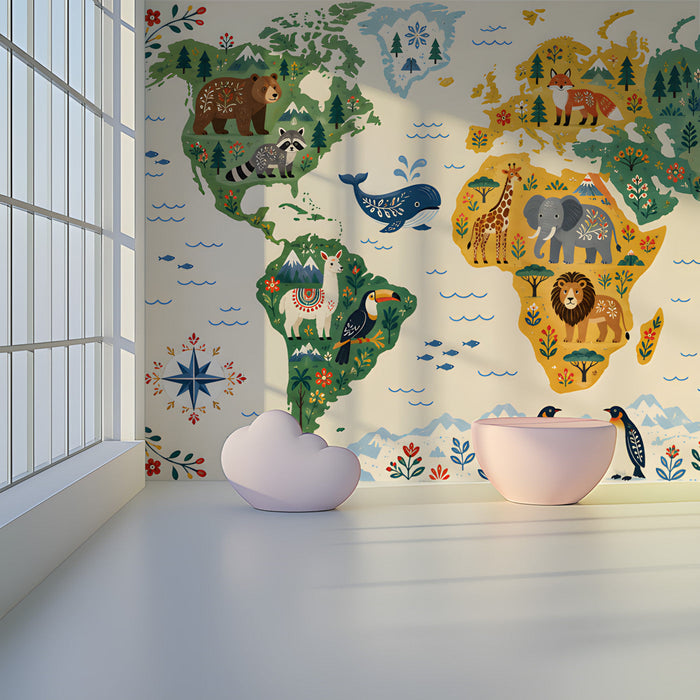 Creative wall mural showing a decorative world map in a nursery or reading corner.