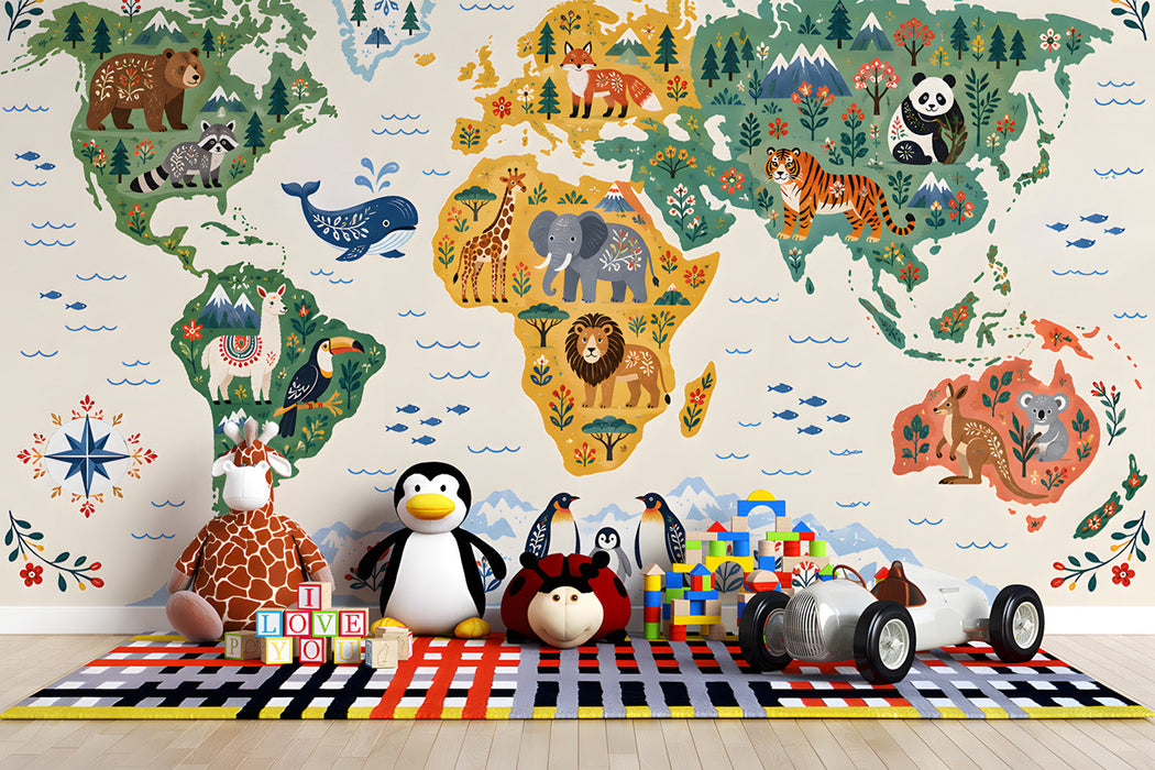 Whimsical world map mural installed on a playroom wall behind a wooden toy shelf.