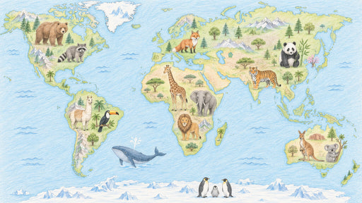 Hand-drawn world map mural with wildlife animals in soft pencil colors on a pale blue background