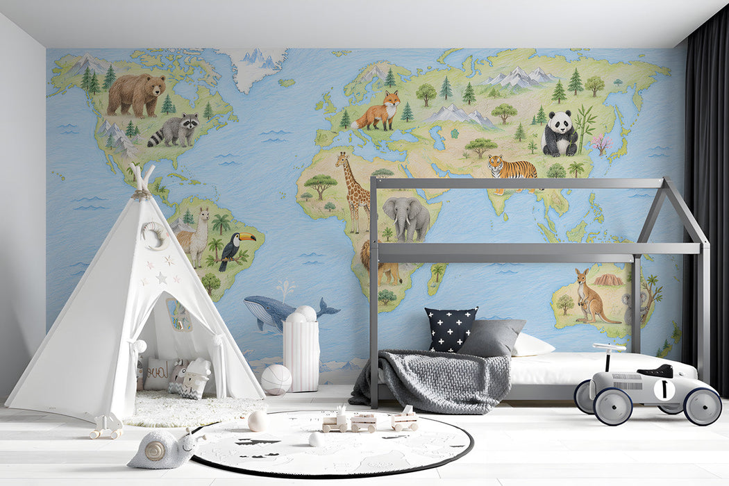 Educational animal map wallpaper feature wall in a bedroom