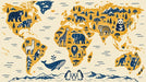 Hand-drawn illustrated world map mural featuring navy blue animals on an ochre yellow background