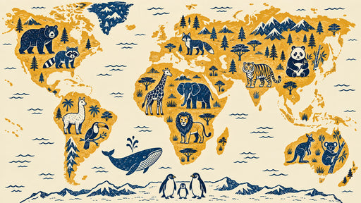 Hand-drawn illustrated world map mural featuring navy blue animals on an ochre yellow background