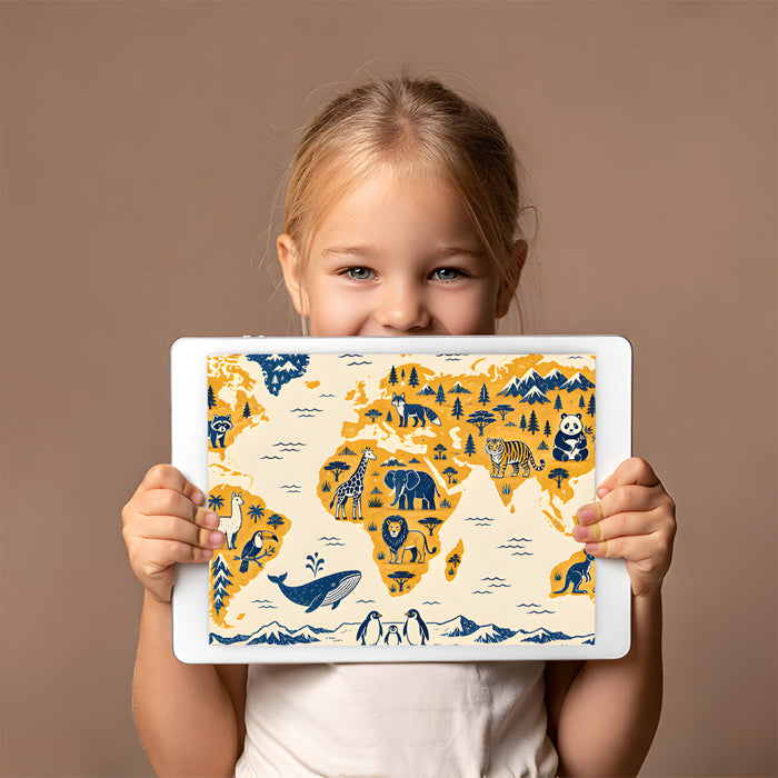 Playful illustrated map of the world displayed in a modern, light-filled family playroom