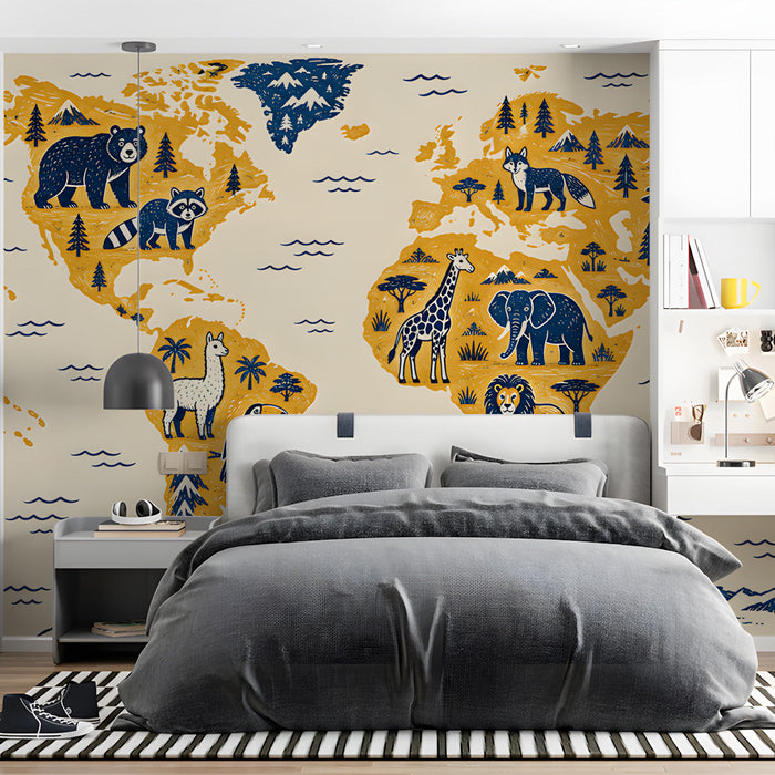 Whimsical world map wallpaper installed in a colorful child's bedroom with wooden furniture
